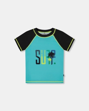 Short Sleeve Rashguard Black And Turquoise boys swimwear sets, boys swim trunks