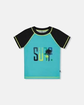 Short Sleeve Rashguard Black And Turquoise boys swimwear sets, boys swim trunks