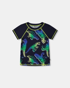 Short Sleeve Rashguard Blue And Green Dino On Navy boys swimwear sets, boys swim trunks