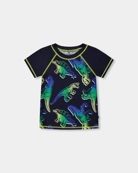 Short Sleeve Rashguard Blue And Green Dino On Navy boys swimwear sets, boys swim trunks
