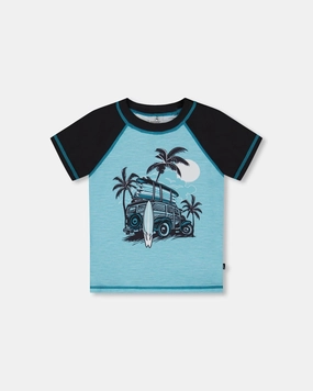 Short Sleeve Rashguard Light Blue And Black boys swimwear sets, boys swim trunks