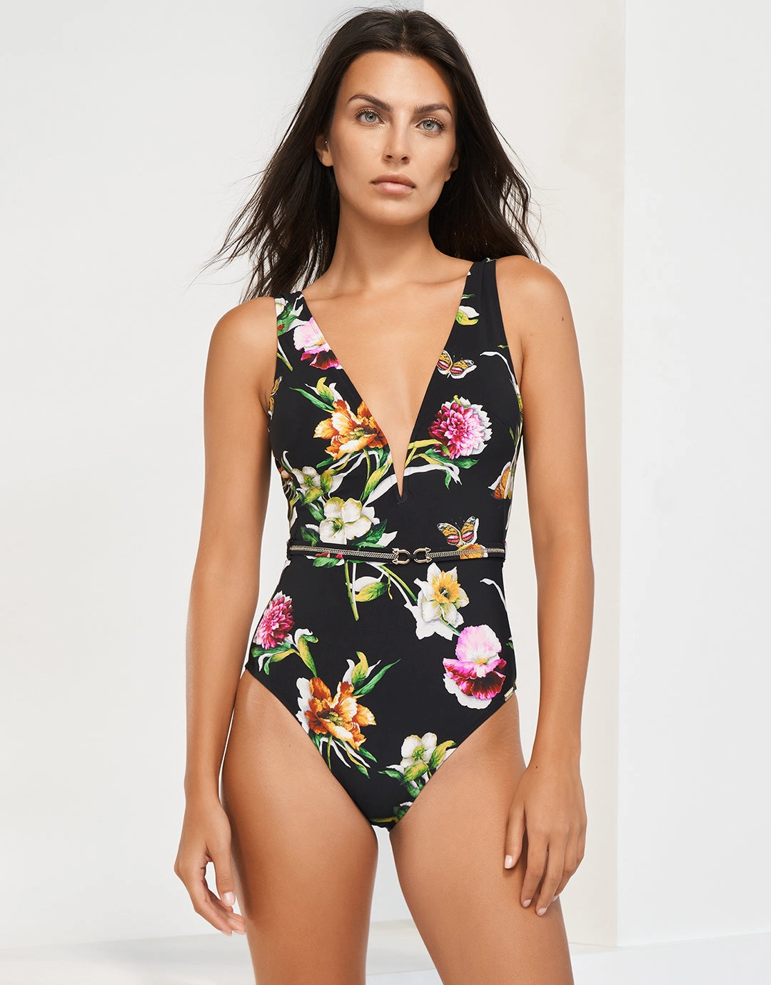 Siciliana Plunge Swimsuit - Black-Brights womens resort swimwear, flattering one-piece swimsuits