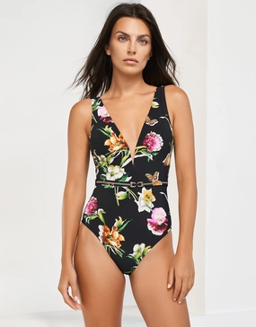 Siciliana Plunge Swimsuit - Black-Brights womens resort swimwear, flattering one-piece swimsuits