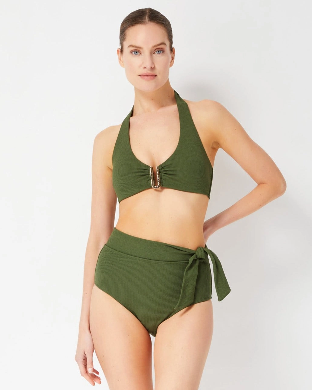 Side Tie High Waist Bottom Olive Textured Stripe