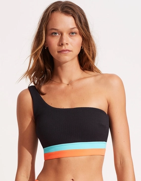 Slice of Splice One Shoulder Bikini Top - Black full coverage swim tops, cute bikini tops