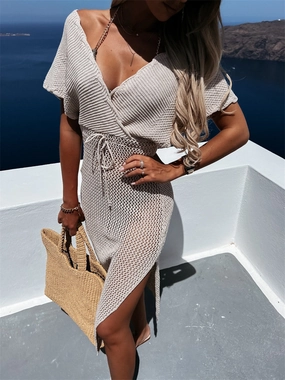 Slit Surplice Cap Sleeve Cover Up durable swimwear women, travel-ready swimsuits for women