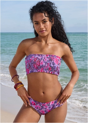Smocked Bandeau Top - Ditsy Pink Purple swimwear with tummy control, elegant swimsuits for women