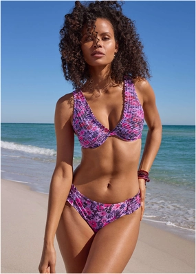 Smocked Moderate Bottom - Ditsy Pink Purple swimwear with tummy control, elegant swimsuits for women