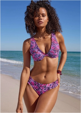 Smocked Underwire Top - Ditsy Pink Purple swimwear with tummy control, elegant swimsuits for women
