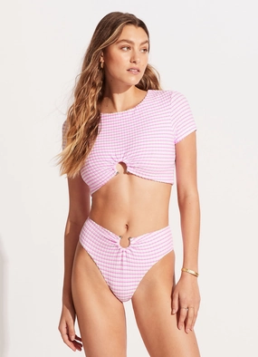 Sorrento Stripe High Waisted Bikini Bottom - Parfait Pink two-piece bikinis for women, trendy bikinis for beachwear