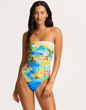 South Pacific Bandeau Swimsuit - Turquoise bandeau swimsuits for women, strapless swimwear tops