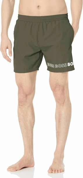 Standard Vertical Logo Swim Trunks In Kale Green mens full coverage swimwear, stylish mens swim trunks