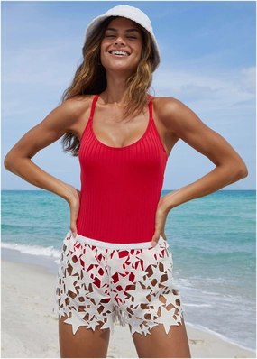 Star Lace Cover-Up Shorts - White womens sun protection swimwear, trendy swimwear collection
