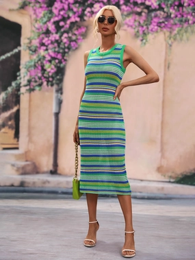 Striped Round Neck Sleeveless Midi Cover Up Dress stretchy swimwear for women, soft fabric swimsuits for ladies