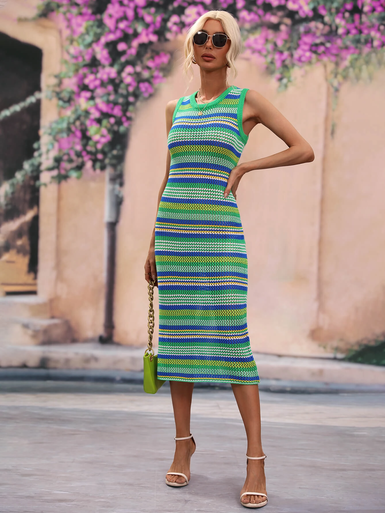 Striped Round Neck Sleeveless Midi Cover Up Dress stretchy swimwear for women, soft fabric swimsuits for ladies