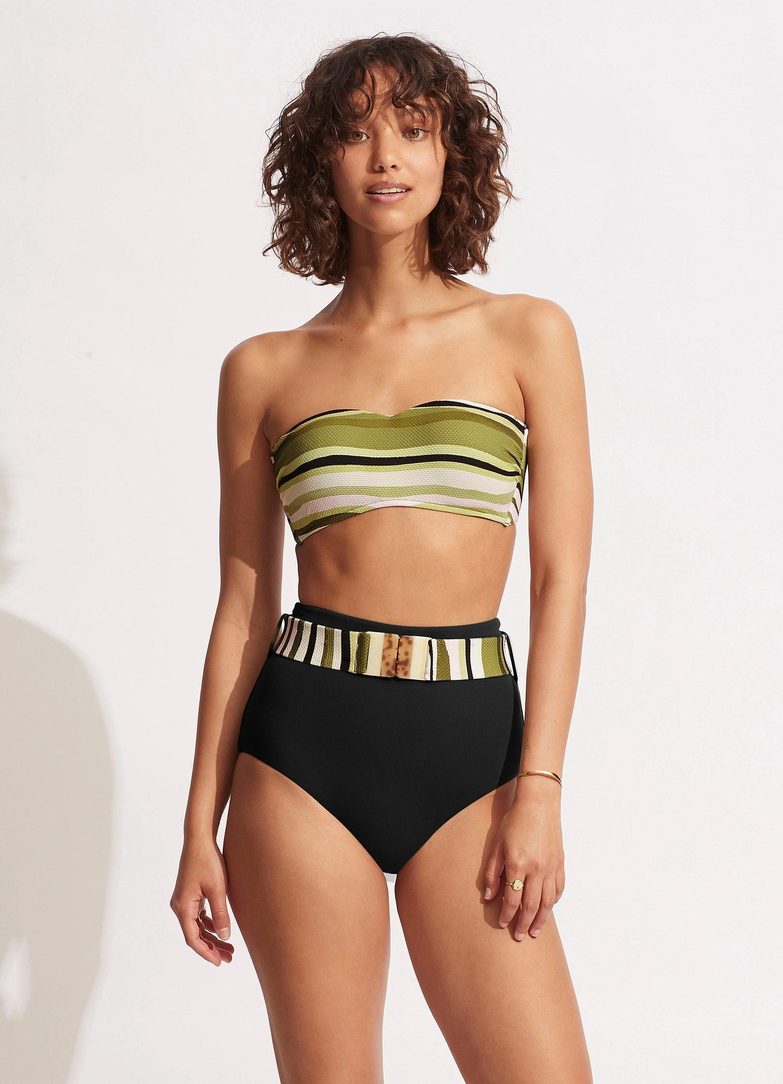 Sun Stripe High Waisted Pant With Belt - Avocado modern womens swimwear, one piece swimsuits women