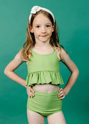 Sweet Pea Green | Mini Peplum Top toddler girl swimwear, summer swimwear for girls