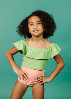 Sweet Pea Green | Mini Ruffled Around Top toddler girl swimwear, summer swimwear for girls