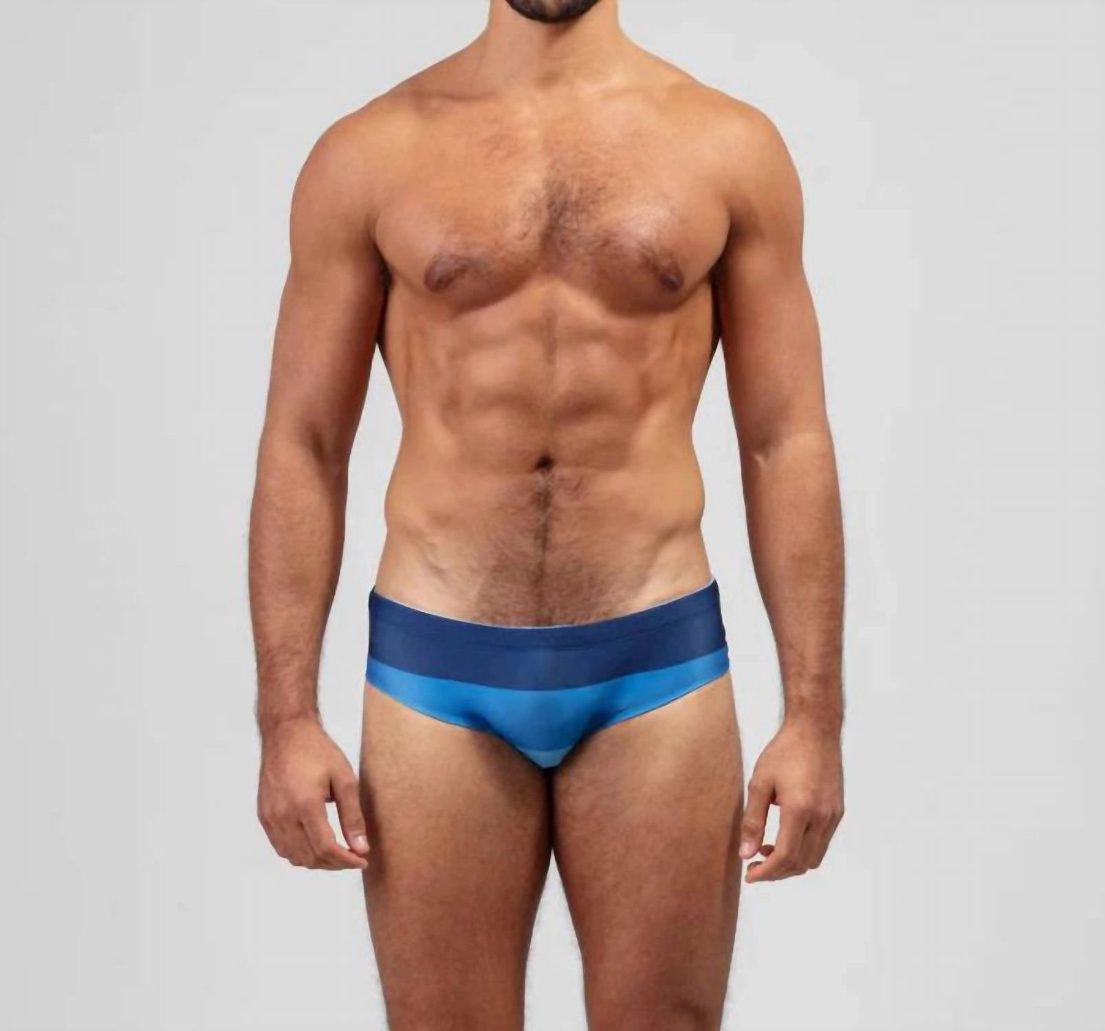 Swim Briefs Big Stripes In Navy mens full coverage swimwear, stylish mens swim trunks