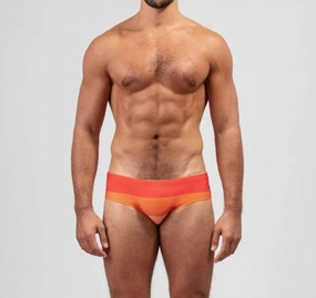 Swim Briefs Big Stripes In Spritz Orange mens full coverage swimwear, stylish mens swim trunks