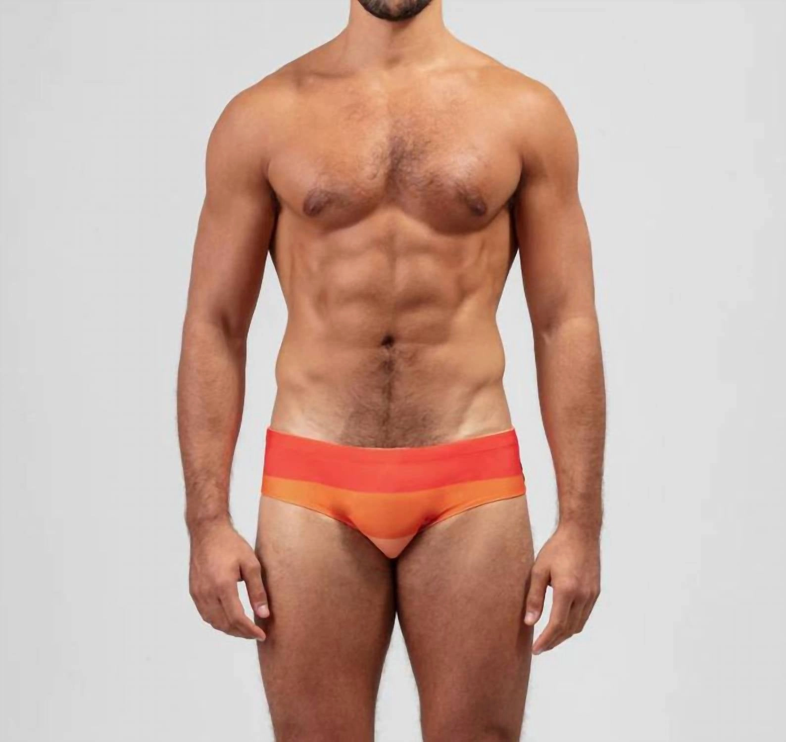Swim Briefs Big Stripes In Spritz Orange mens full coverage swimwear, stylish mens swim trunks