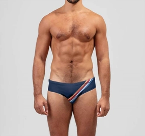 Swim Briefs Diagonal Stripes In Navy mens full coverage swimwear, stylish mens swim trunks