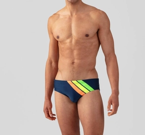 Swim Briefs Neon Stripes In Navy mens full coverage swimwear, stylish mens swim trunks