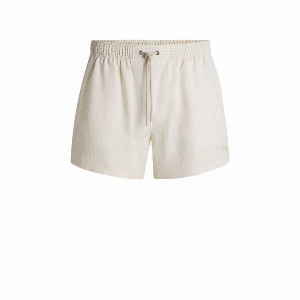 Swim shorts in striped seersucker fabric mens full coverage swimwear, stylish mens swim trunks