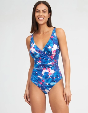 Tahiti Wrap Front Swimsuit - Blue Floral cup sized swimwear women, supportive swimsuits for large bust