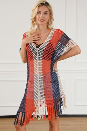 Tassel Color Block V-Neck Cover Up durable swimwear women, travel-ready swimsuits for women