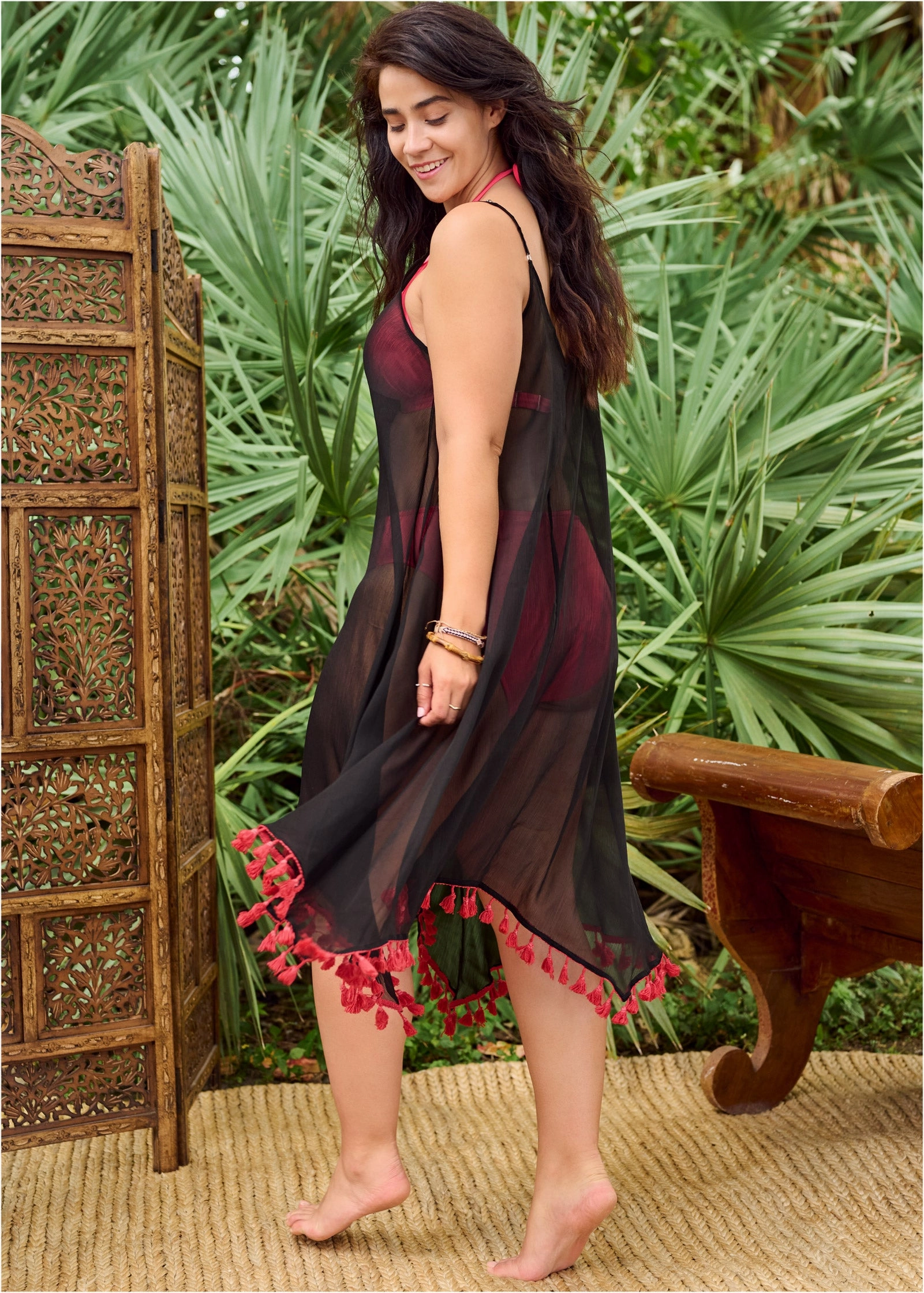 Tassel Dress Cover-Up - Black & Sunset Pink