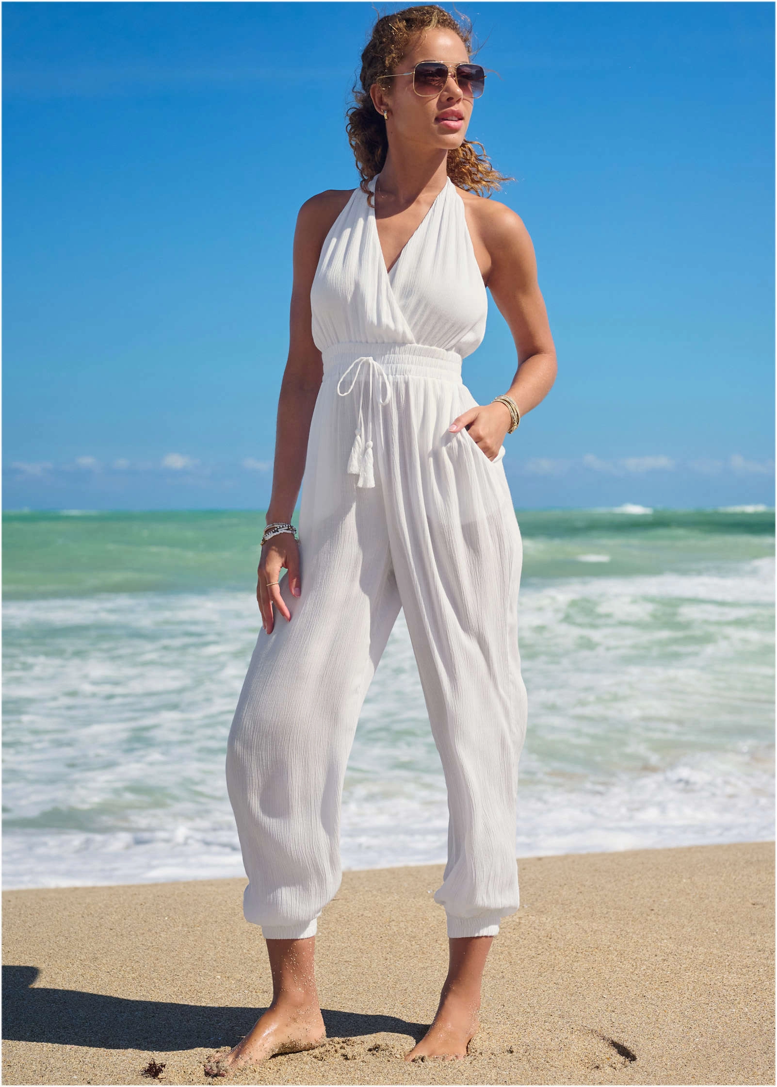 Tassel Jumpsuit Cover-Up - Pearl White swimwear for all body types, comfortable womens beachwear
