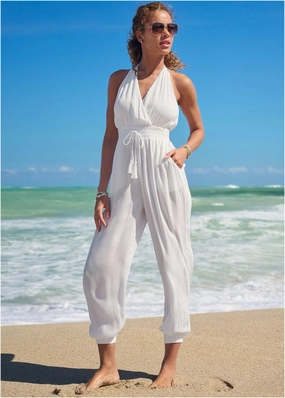 Tassel Jumpsuit Cover-Up - Pearl White swimwear for all body types, comfortable womens beachwear
