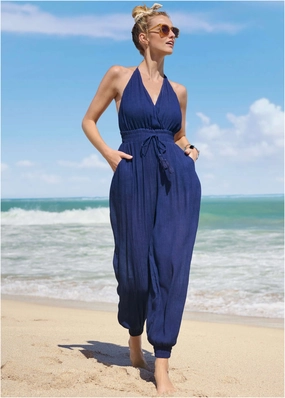 Tassel Jumpsuit Cover-Up - Ultramarine Blue swimwear for all body types, comfortable womens beachwear