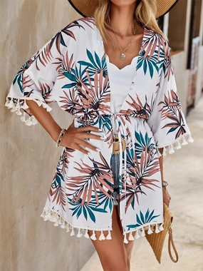 Tassel Tied Printed Half Sleeve Cover Up durable swimwear women, travel-ready swimsuits for women