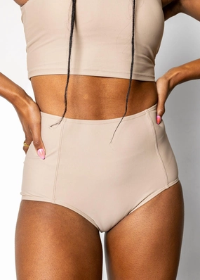 Taupe | High-Waisted Bottoms elastic waistband swim bottoms, mix-and-match bikini bottoms