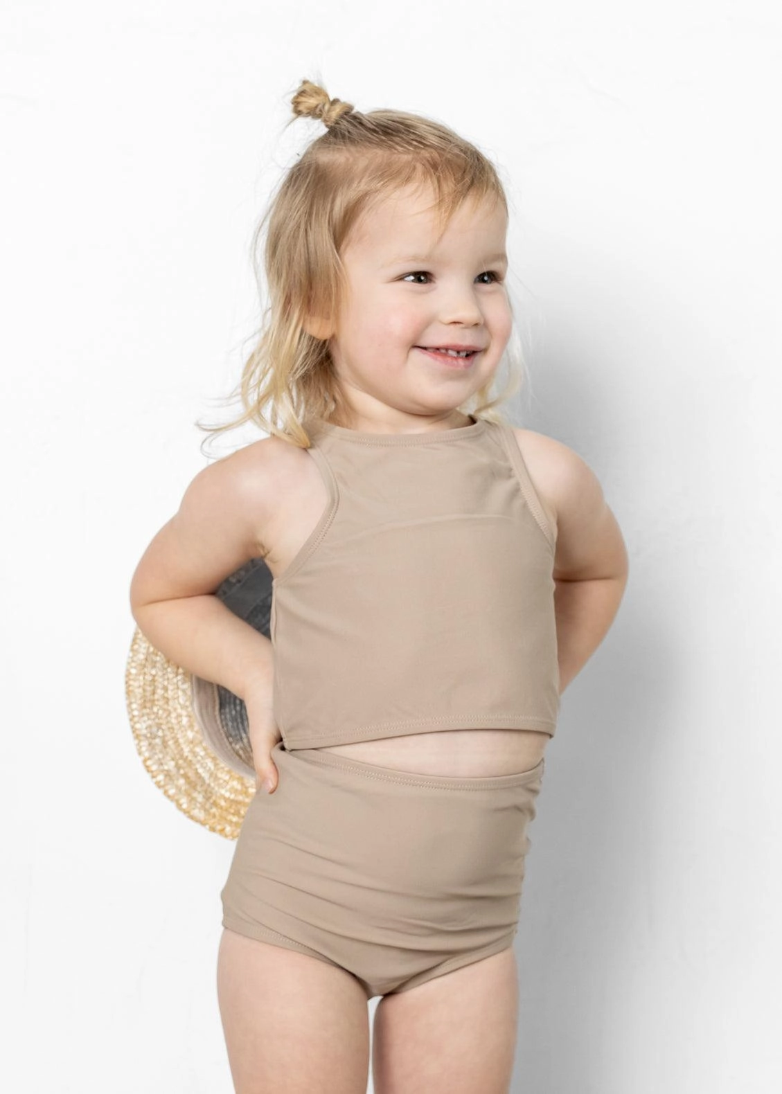 Taupe | Mini High-Waisted Bottoms toddler girl swimwear, summer swimwear for girls