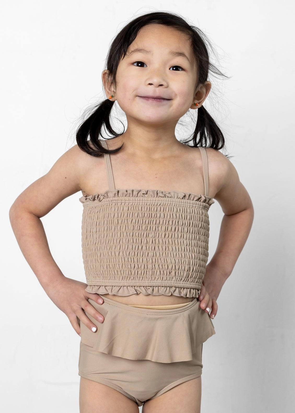Taupe | Mini Peplum Bottoms toddler girl swimwear, summer swimwear for girls