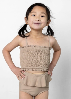 Taupe | Mini Peplum Bottoms toddler girl swimwear, summer swimwear for girls
