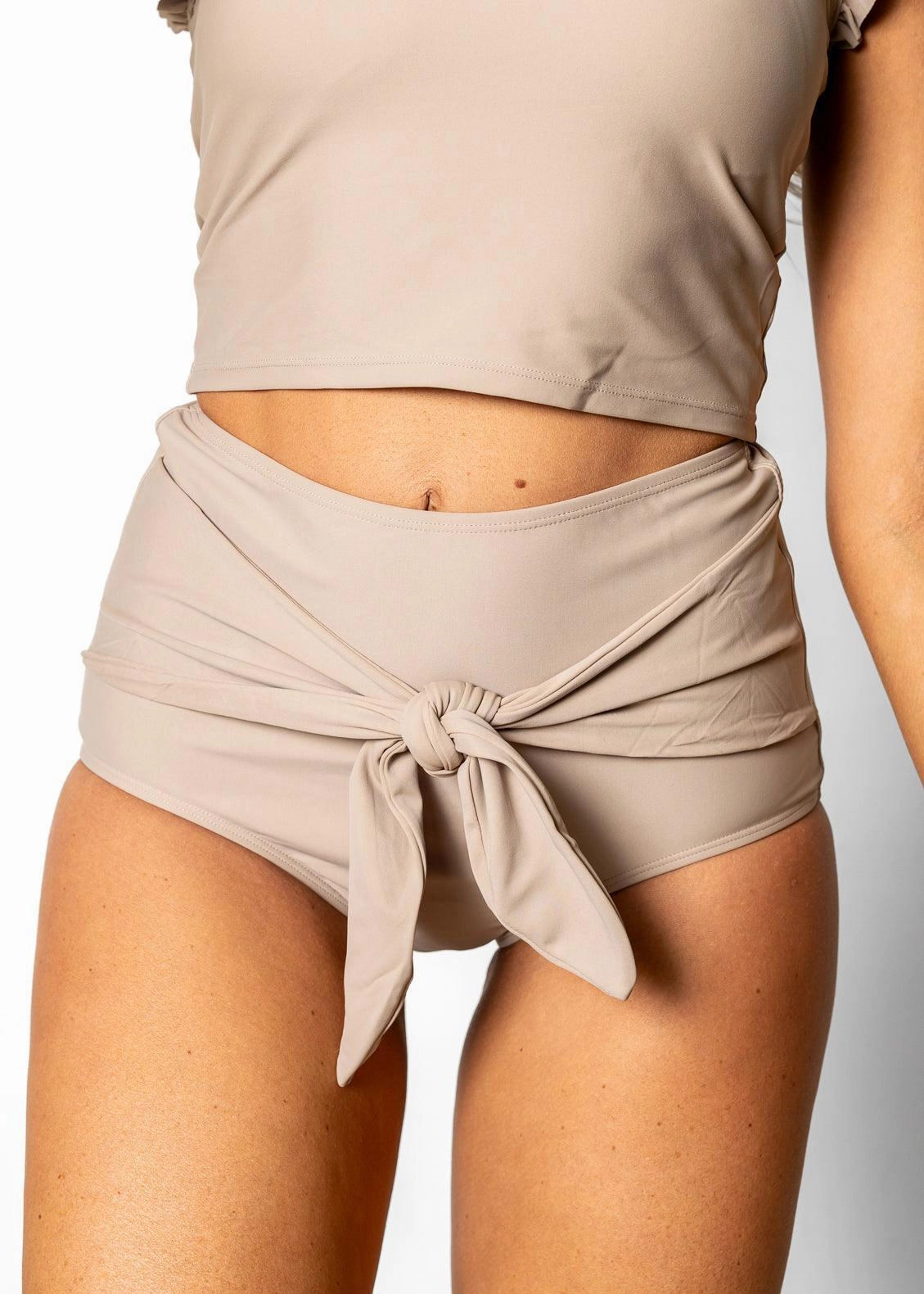 Taupe | Tie-Up-Front Bottoms elastic waistband swim bottoms, mix-and-match bikini bottoms