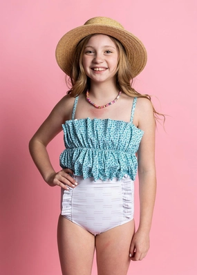 Taupe Dashes | Youth Down in Front Ruffle Bottoms toddler girl swimwear, summer swimwear for girls