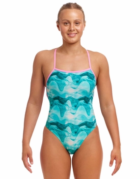 Teal Wave Strapped In Swimsuit - Blue/Green minimalistic swimsuits women, sleek swimwear styles