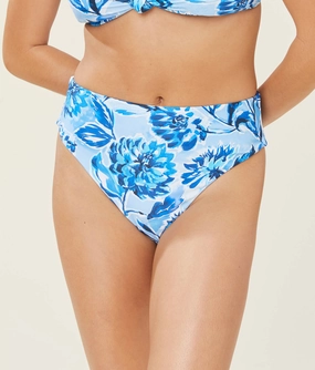 The 90s High Waist Bikini Bottom - Glossy Eco Nylon - Blue Floral (Archive) luxury womens swimwear, swimwear for beach vacation