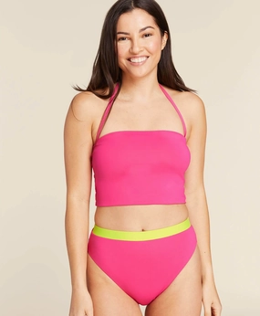 The Archive Banded High Waist Bikini Bottom - Flat - Neon Hibiscus luxury womens swimwear, swimwear for beach vacation