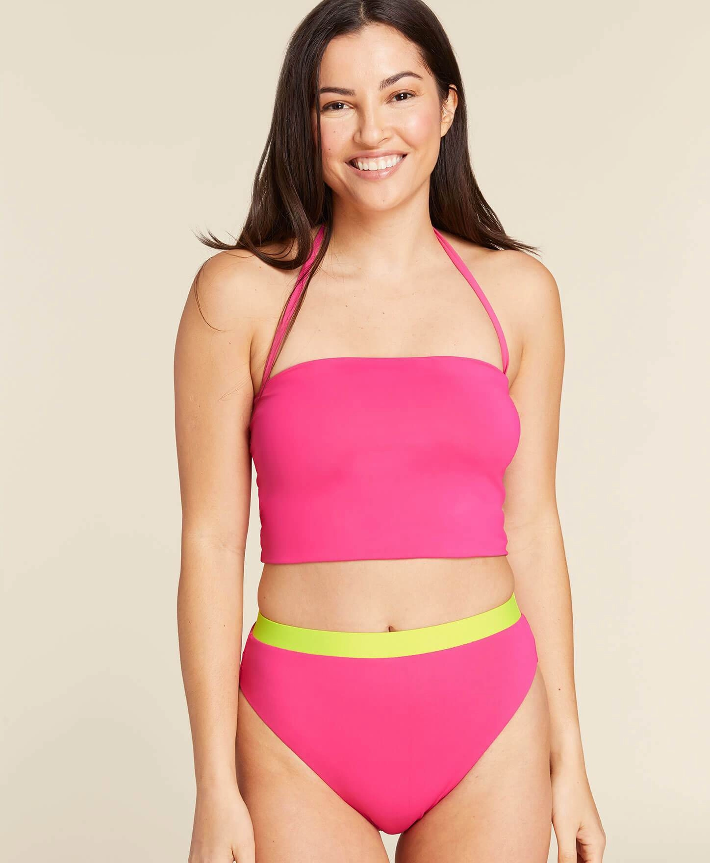 The Archive Banded High Waist Bikini Bottom - Flat - Neon Hibiscus luxury womens swimwear, swimwear for beach vacation