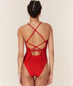 The Fiji One Piece - Eco Nylon - Cherry Red - Long Torso classic swimwear for women, everyday swimwear ladies