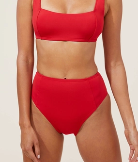 The High Waist Cheeky Bikini Bottom - Eco Nylon - Cherry Red classic swimwear for women, everyday swimwear ladies
