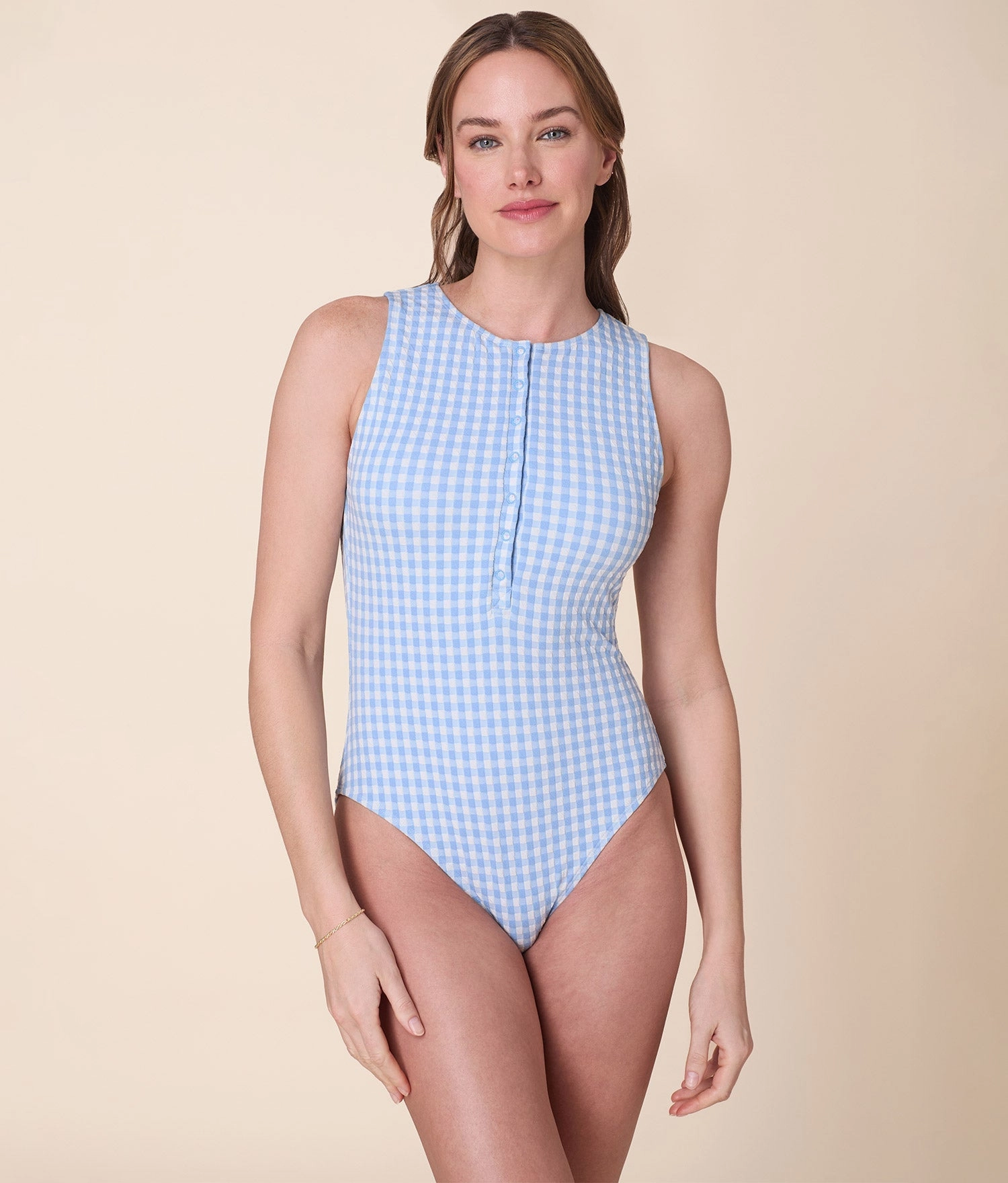 The Malibu One Piece - Crinkle Gingham - Sky Gingham - Long Torso classic swimwear for women, everyday swimwear ladies