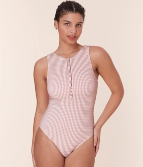 The Malibu One Piece - Houndstooth - Koi - Long Torso classic swimwear for women, everyday swimwear ladies