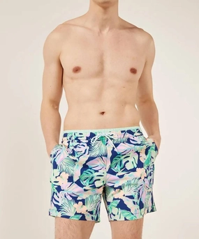 The Night Faunas 5.5" Trunk In Navy Leaf mens full coverage swimwear, stylish mens swim trunks